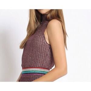Sans Souci Pink Sparkle Pleated Lurex Mock Neck Top - M